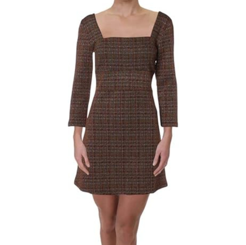 Free People Square Neck Mini‎ Dress Brown Multi Tweed Knit 3/4 Sleeve Size 4